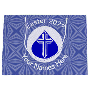 White Cross in Blue Teardrop Easter Personalised L Large Gift Bag