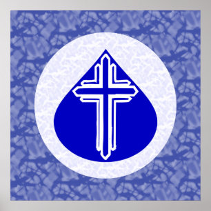 White Cross in Blue Teardrop on Blue and White Poster