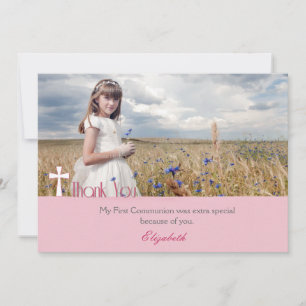 White Cross, Pink Thank You Communion Photo Card