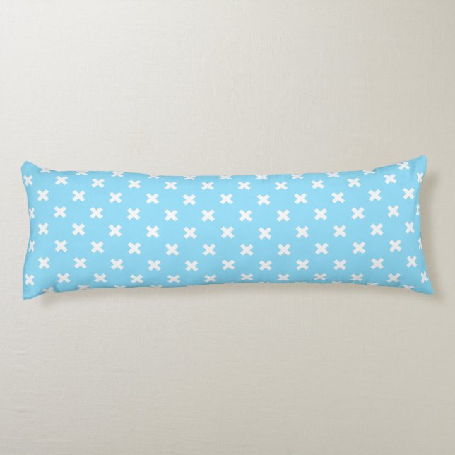 White cross stitches on baby blue body cushion (Back)