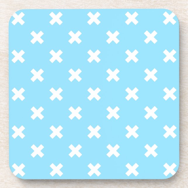White cross stitches on baby blue coaster (Front)