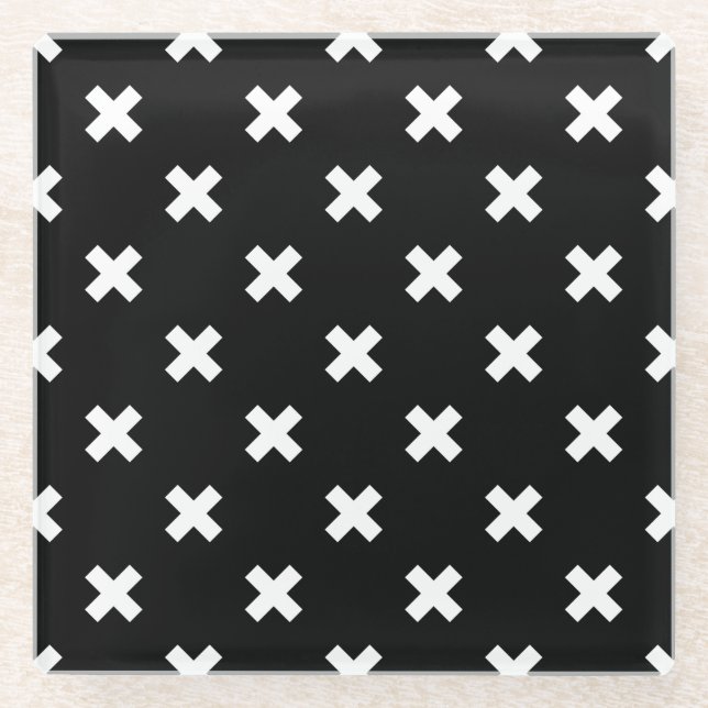 White cross stitches on black glass coaster (Front)