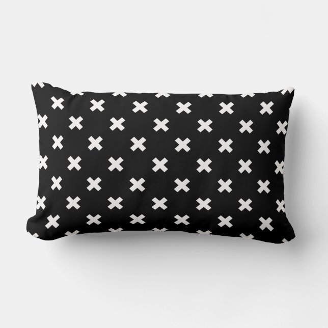 White cross stitches on black lumbar cushion (Front)