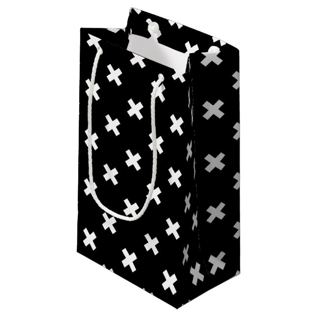 White cross stitches on black small gift bag (Front Angled)
