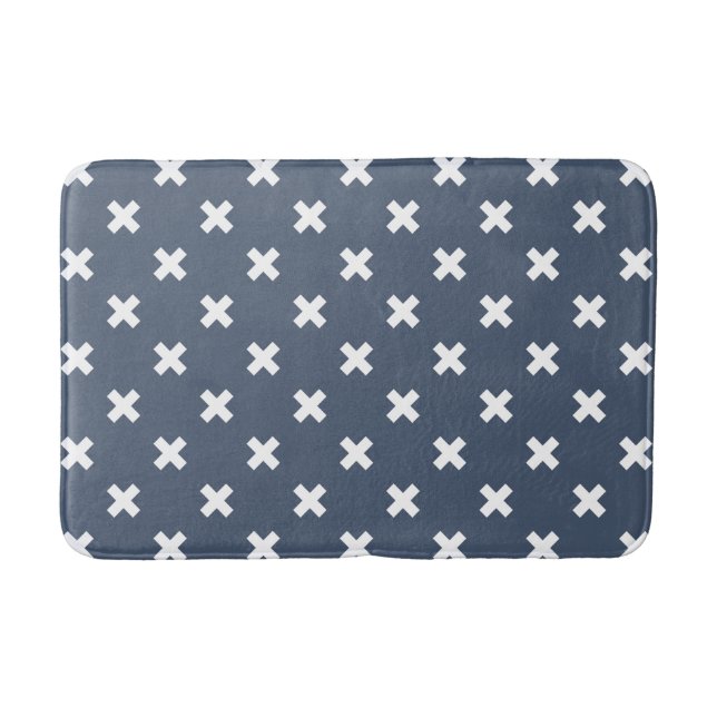 White cross stitches on blue-grey bath mat (Front)