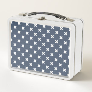 White cross stitches on blue-grey metal lunch box