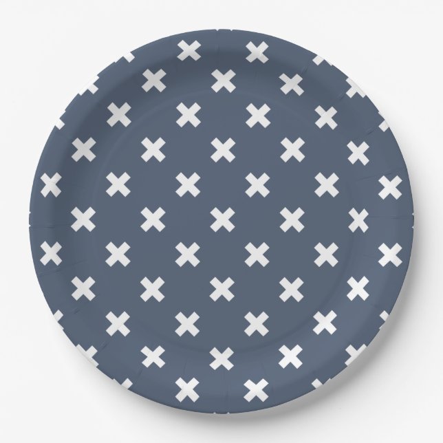White cross stitches on blue-grey paper plate (Front)