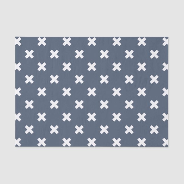 White cross stitches on blue-grey tissue paper (Front)