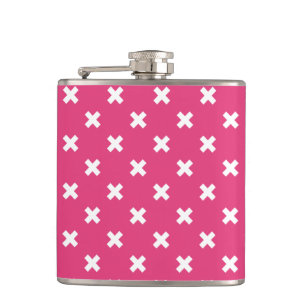 White cross stitches on fuchsia hip flask