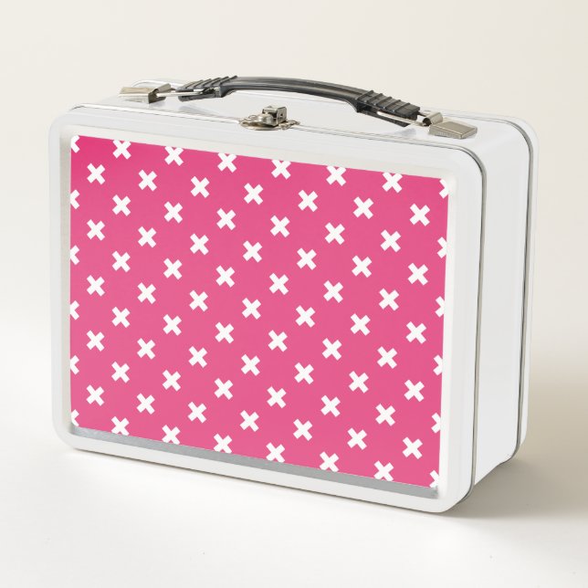 White cross stitches on fuchsia metal lunch box (Front)