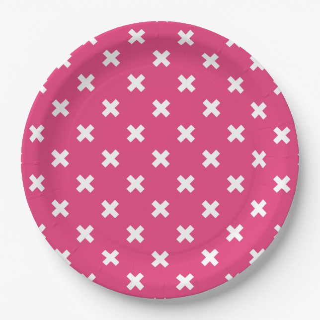 White cross stitches on fuchsia paper plate (Front)