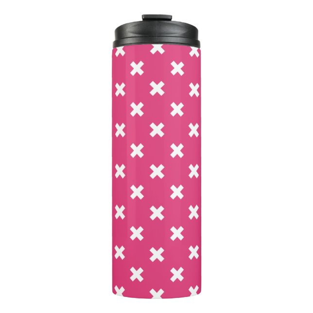 White cross stitches on fuchsia thermal tumbler (Front)