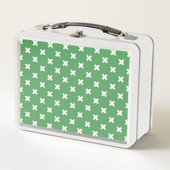 White cross stitches on green metal lunch box (Front)