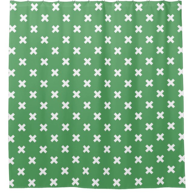 White cross stitches on green shower curtain (Front)