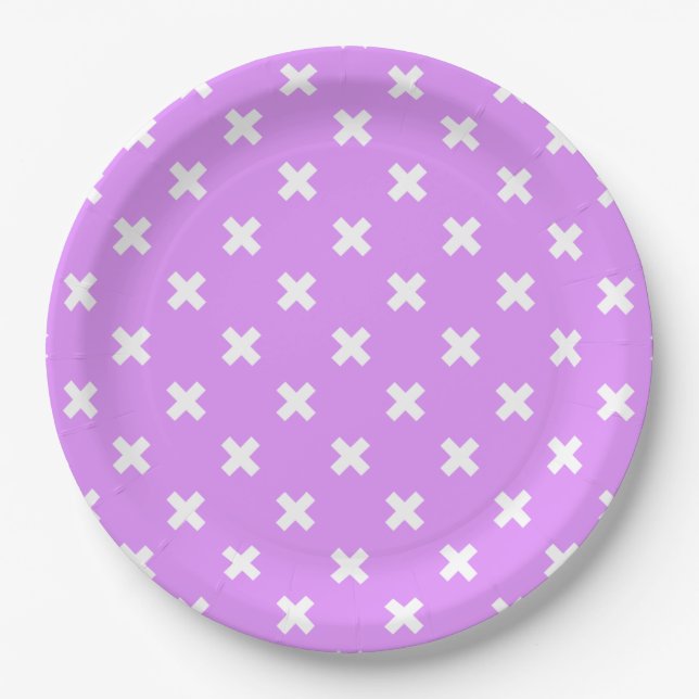 White cross stitches on lilac paper plate (Front)