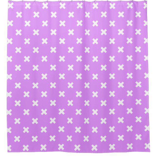 White cross stitches on lilac shower curtain (Front)