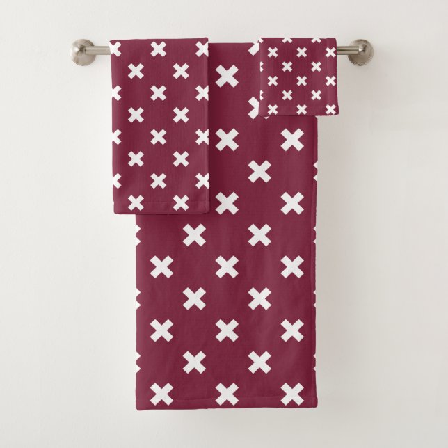 White cross stitches on mulberry bath towel set (Insitu)