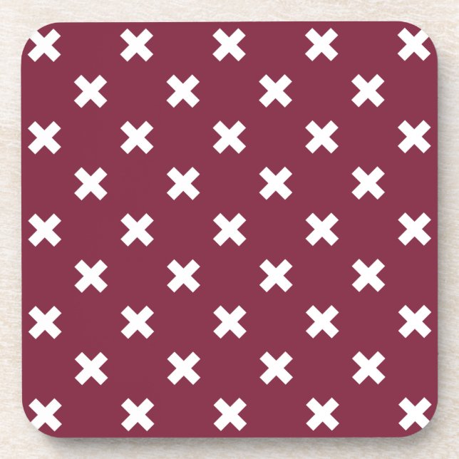 White cross stitches on mulberry coaster (Front)
