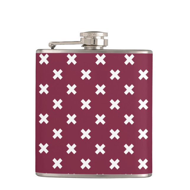 White cross stitches on mulberry hip flask (Front)
