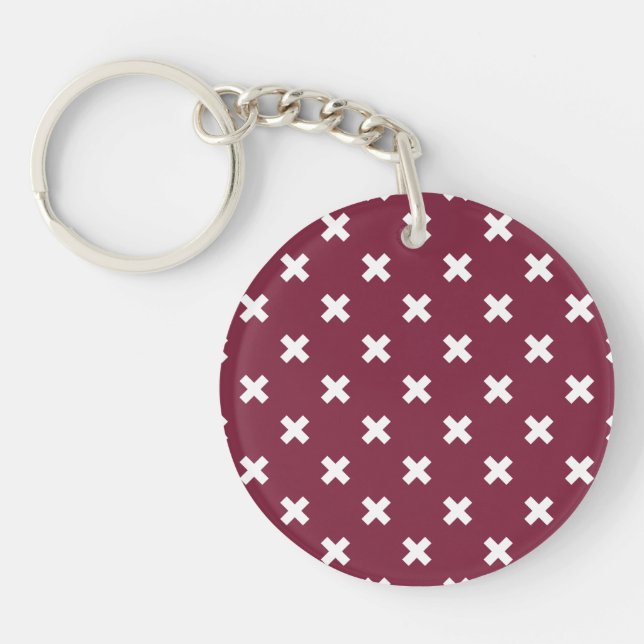 White cross stitches on mulberry key ring (Front)