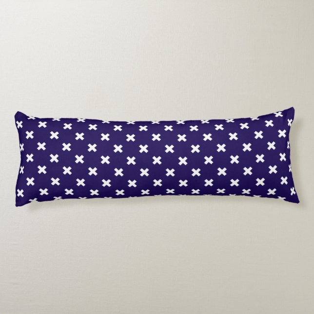 White cross stitches on navy blue body cushion (Back)