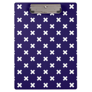 White cross stitches on navy blue clipboard