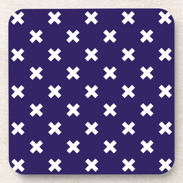 White cross stitches on navy blue coaster (Front)