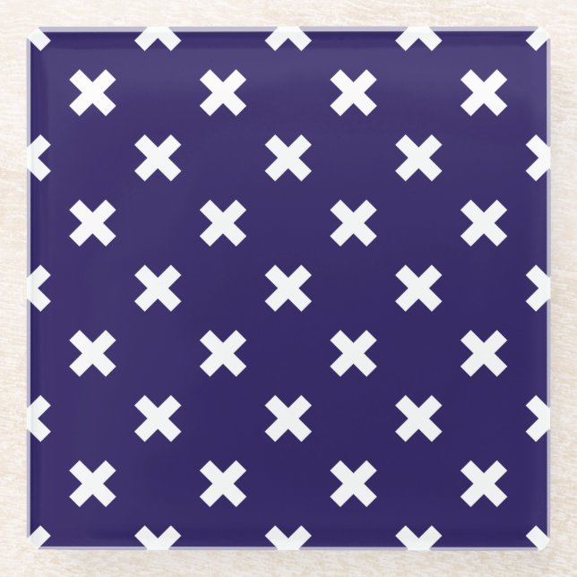White cross stitches on navy blue glass coaster (Front)