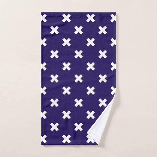 White cross stitches on navy blue hand towel (Hand Towel)