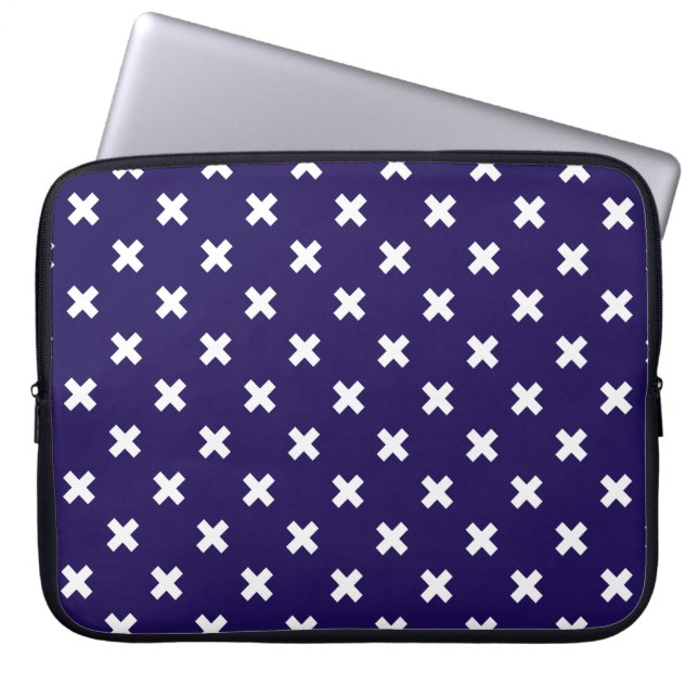 White cross stitches on navy blue laptop sleeve (Front)