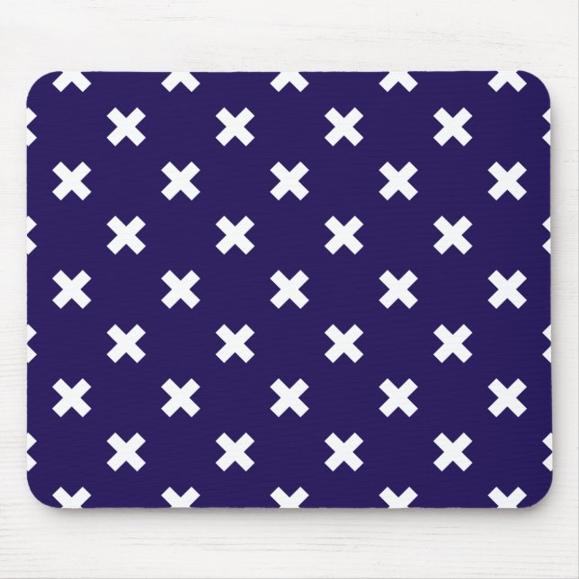 White cross stitches on navy blue mouse mat (Front)