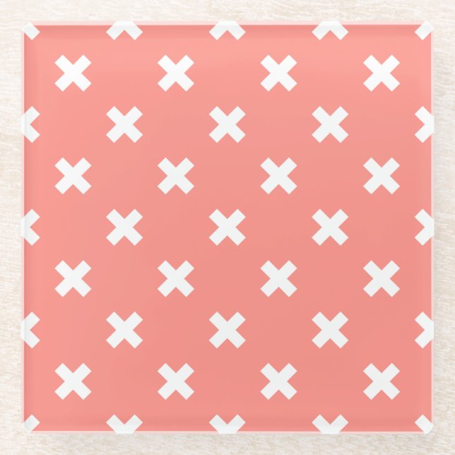 White cross stitches on peach glass coaster (Front)