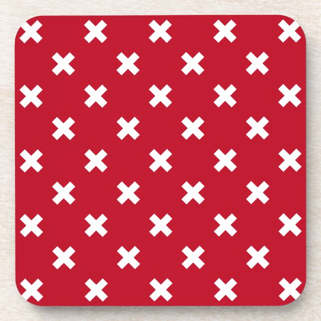 White cross stitches on red coaster (Front)