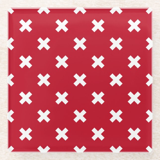 White cross stitches on red glass coaster (Front)