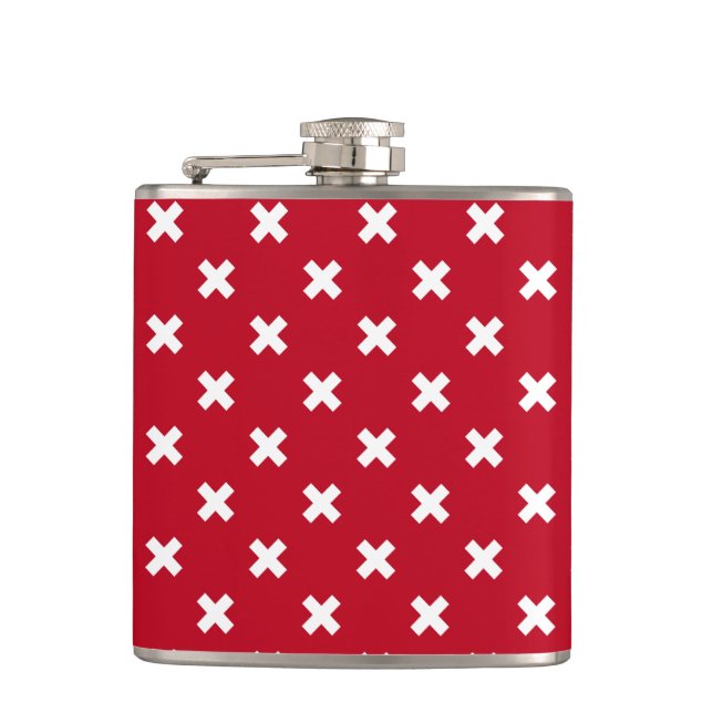 White cross stitches on red hip flask (Front)