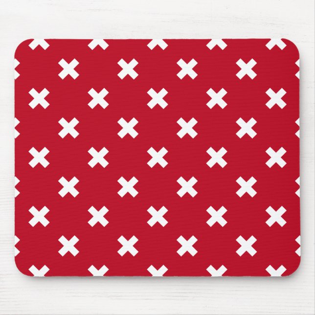 White cross stitches on red mouse mat (Front)