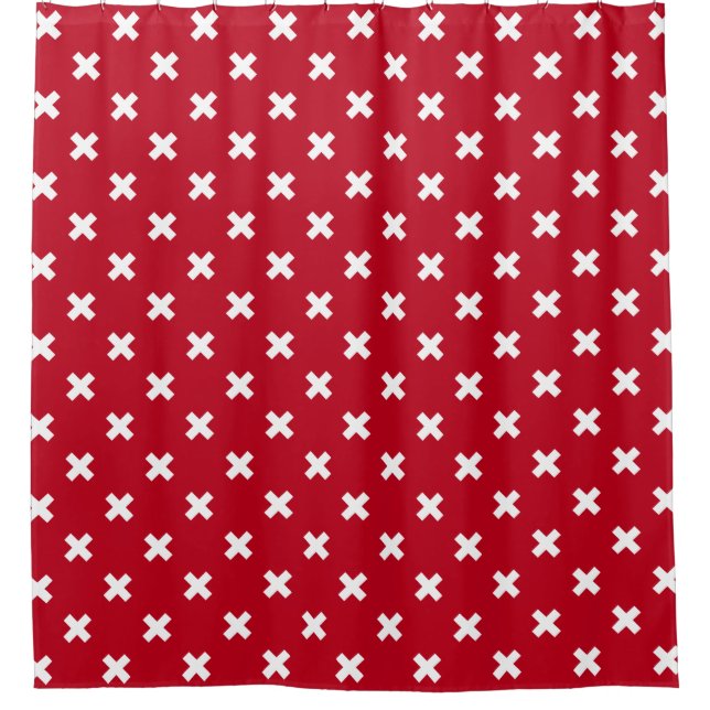White cross stitches on red shower curtain (Front)