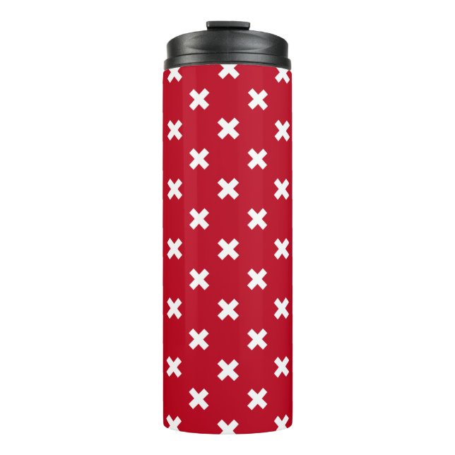 White cross stitches on red thermal tumbler (Front)