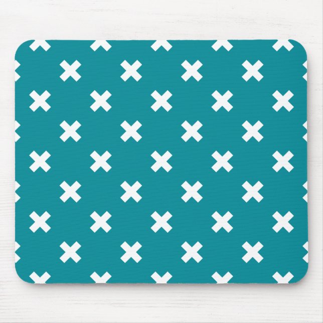 White cross stitches on teal mouse mat (Front)