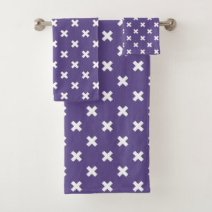 White cross stitches on ultra violet bath towel set