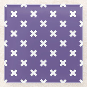 White cross stitches on ultra violet glass coaster