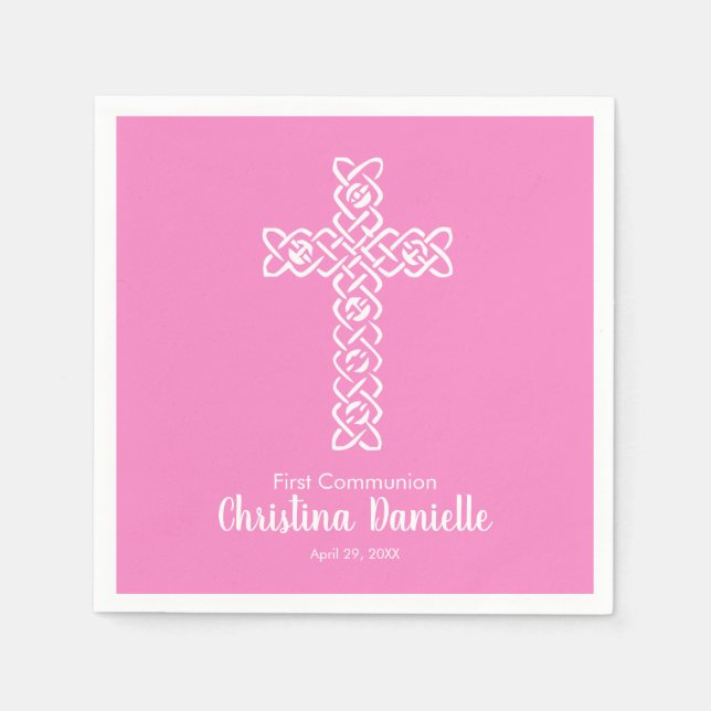 White Cross Taffy Pink Girl's Communion Religious Napkin (Front)