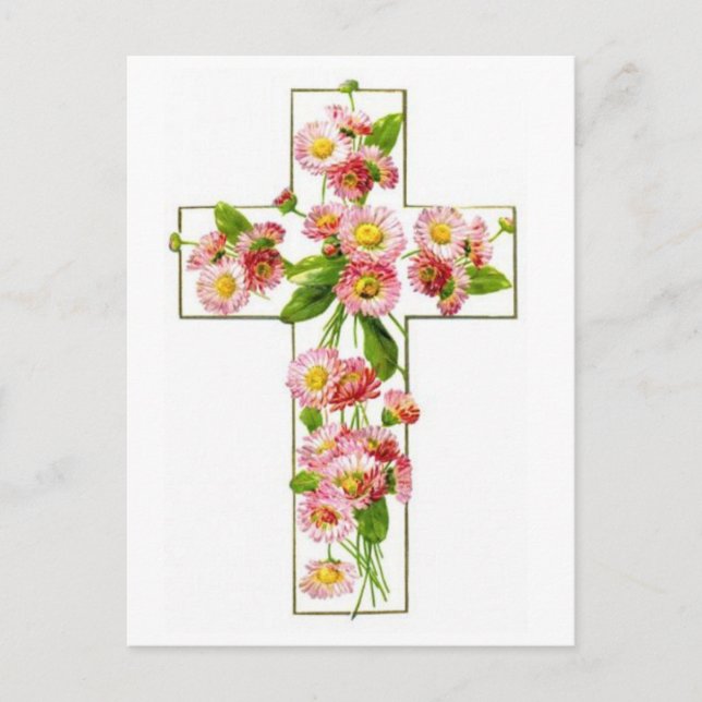 White Cross With Pink Florals Postcard (Front)