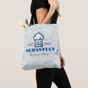 White Crumpled Texture Chef Name Bakery Shop logo Tote Bag