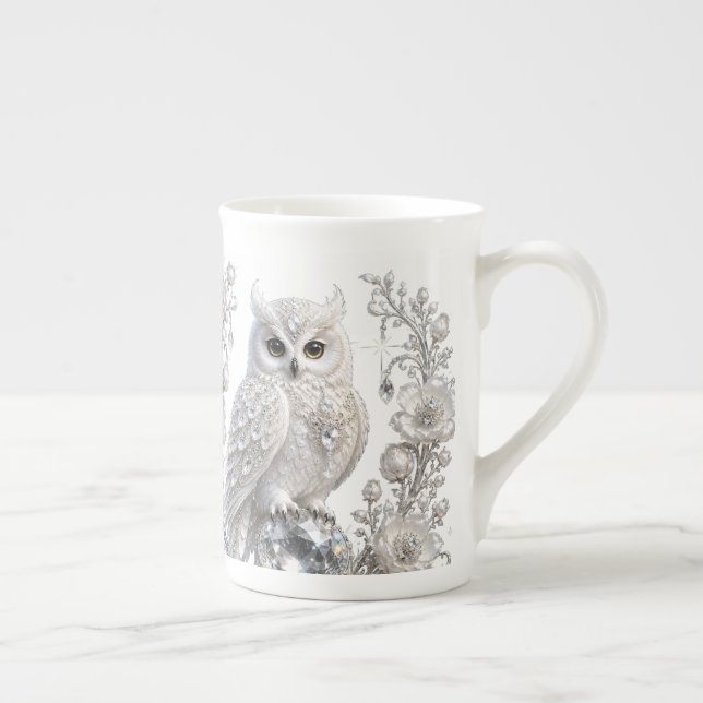 White Crystal Pearl Owl Bone China Mug (Right)