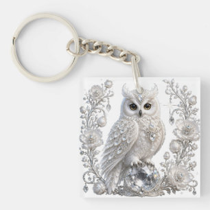 White Crystal Pearl Owl Key Ring