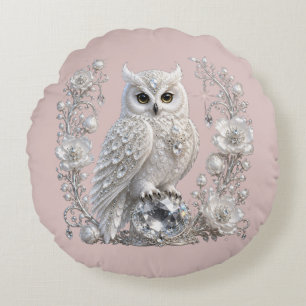 White Crystal Pearl Owl Round Cushion