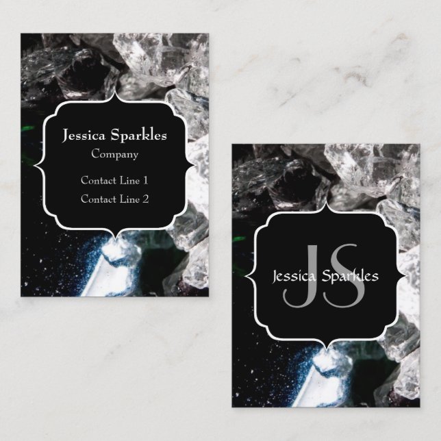 White Crystals in Black outer space Monogram Business Card (Front/Back)