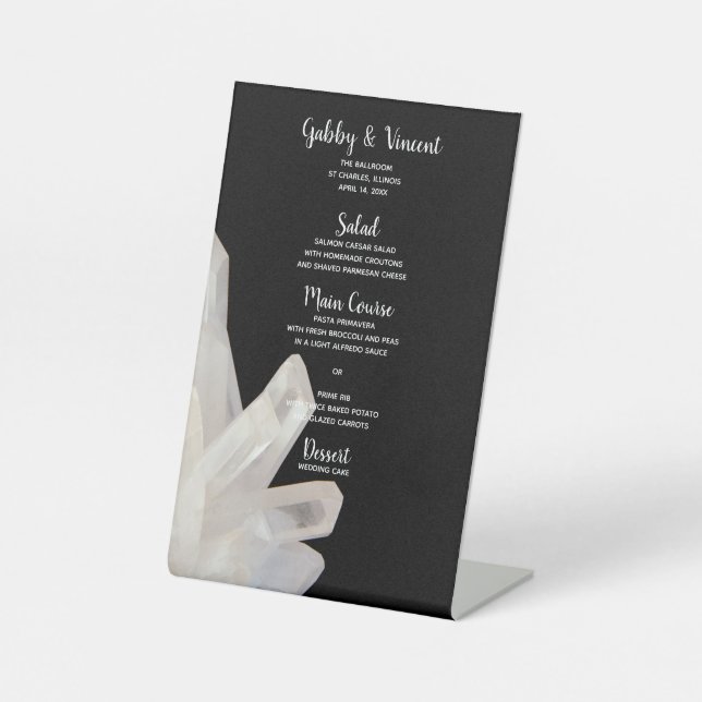 White Crystals on Black Wedding Menu Pedestal Sign (Front)