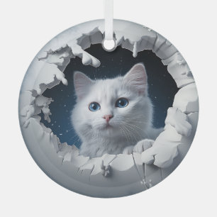 White Curious Kitty Glass Tree Decoration